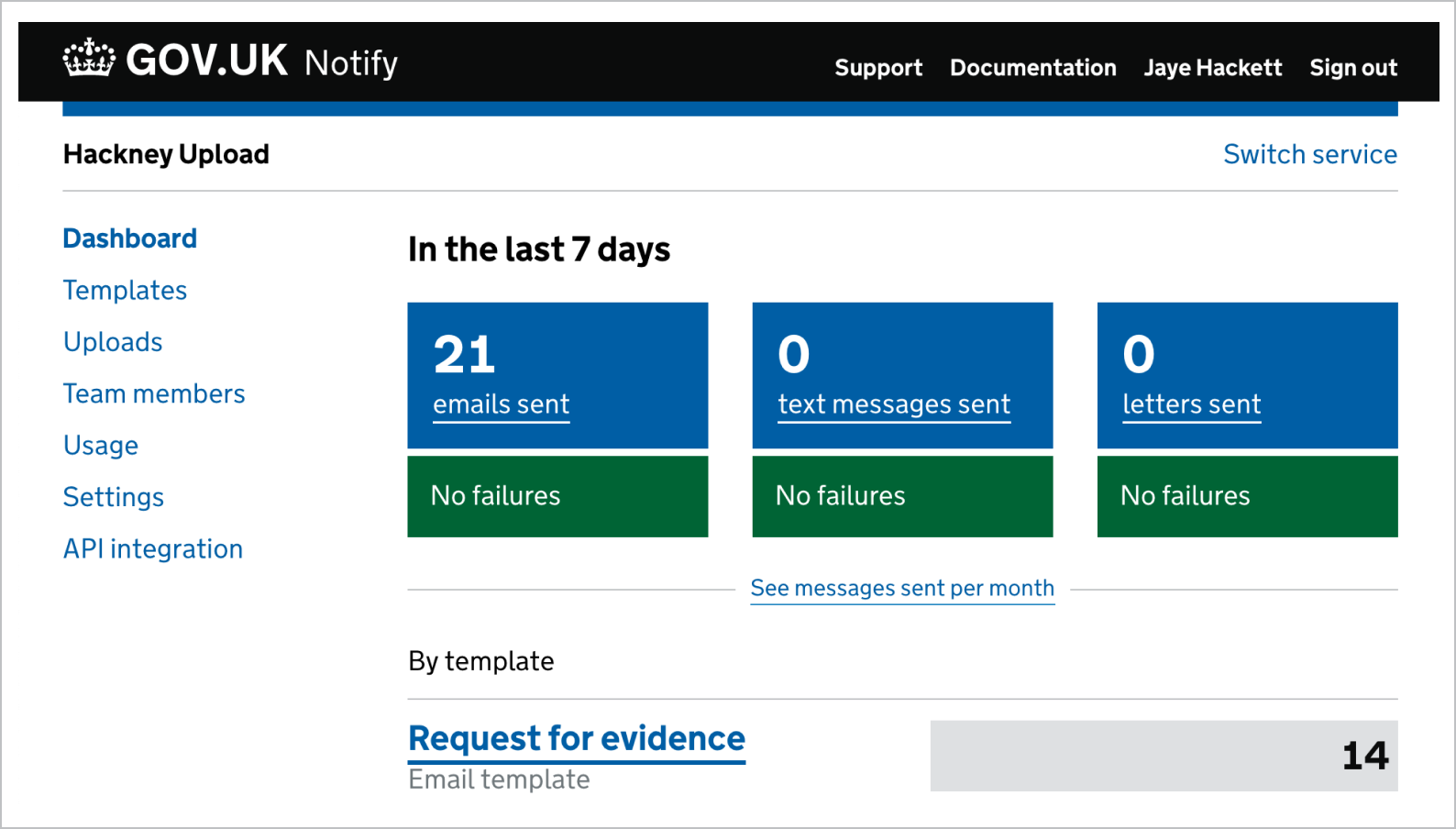 GOV.UK Notify navigation